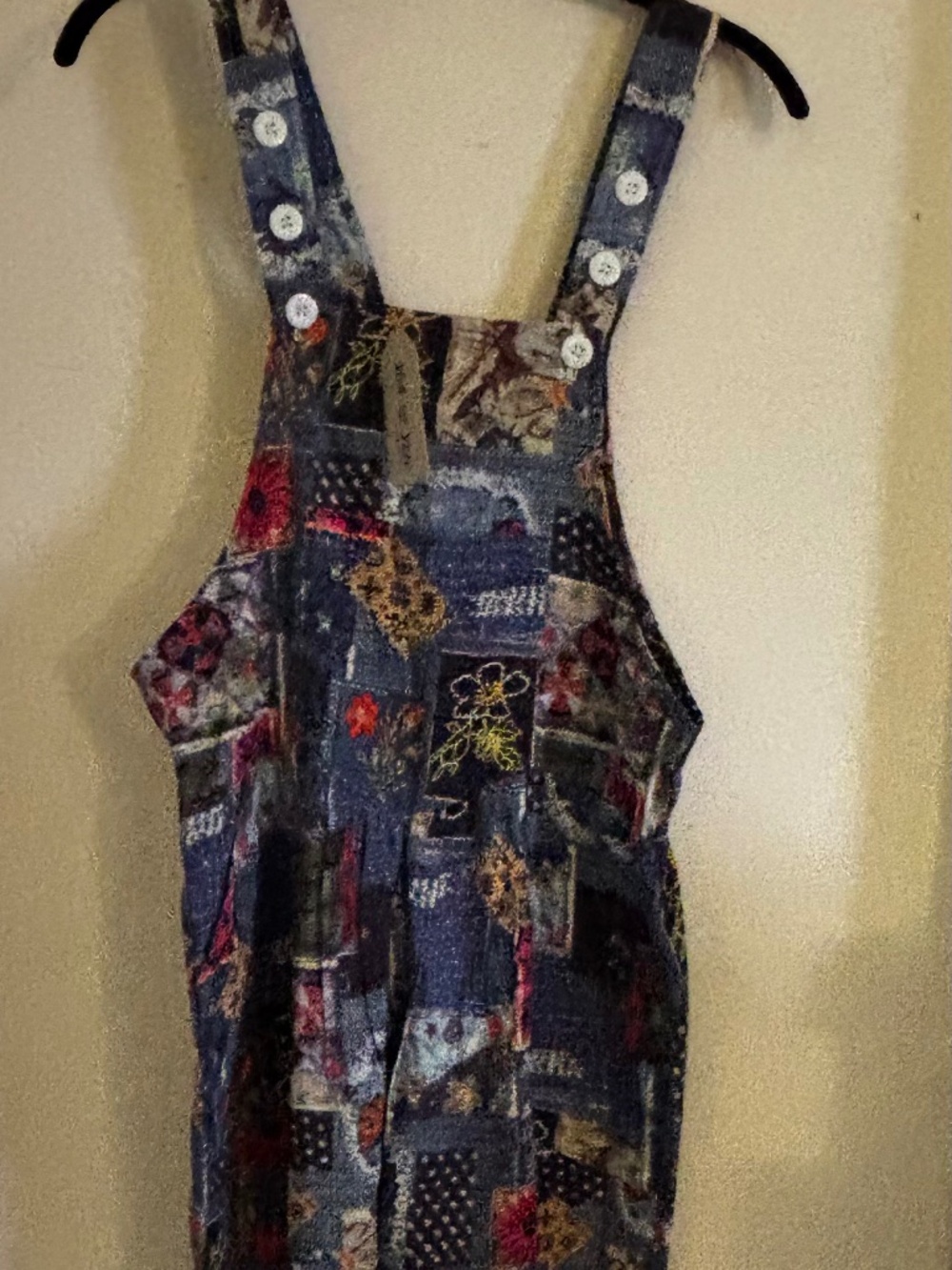 Embroidered Patchwork Denim Jumper Romper in Dark Blue Multi - Picture 1 of 9